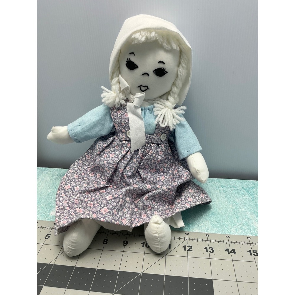 Handmade Rag Doll Blue‎ Floral Jumper White Bonnet Yarn Braids Prairie Folk 15"